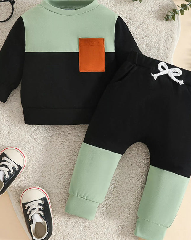 Children's Color Block Pocket Detail Top and Pants Outfit Set Brown