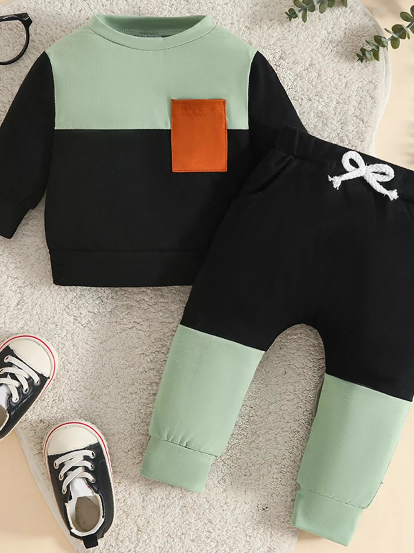 Children's Color Block Pocket Detail Top and Pants Outfit Set Brown