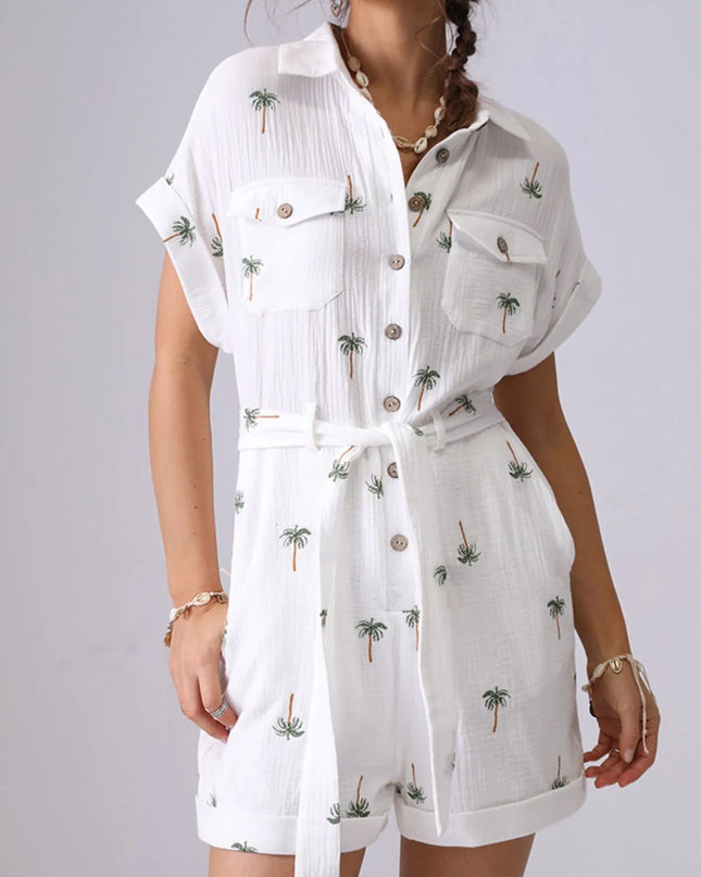 Palm Tree Print Short Sleeve Button-Up Romper with Belt
