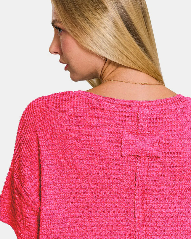 Zenana Drop Shoulder Short Sleeve Jacquard Knit Top