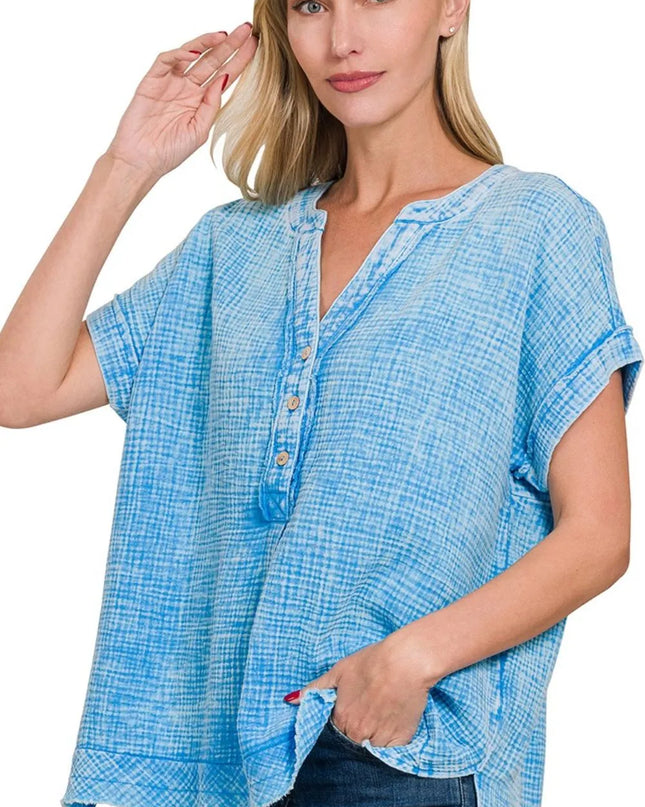 Zenana Washed Double Gauze 3/4 Button Henley Neck Shirt 