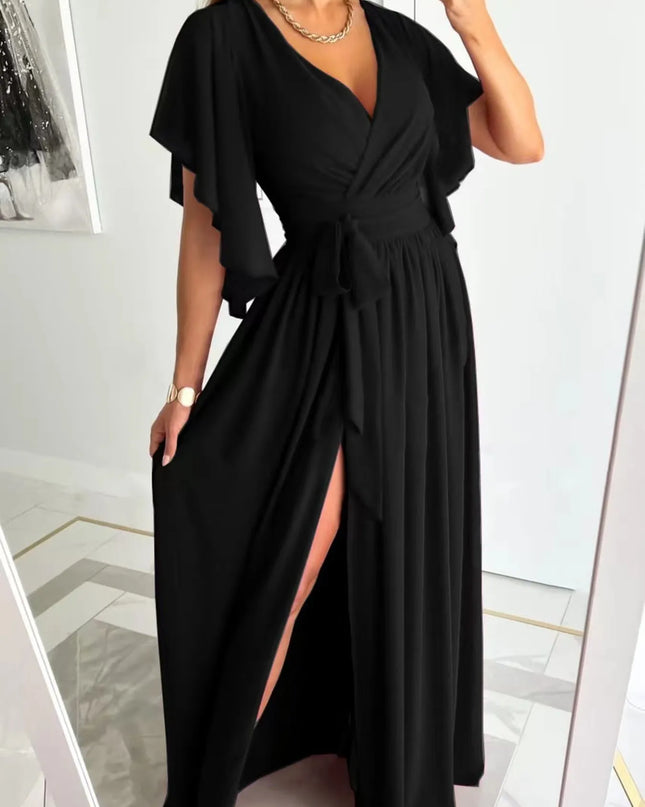Flutter Sleeve Surplice Tie Waist Dress Black