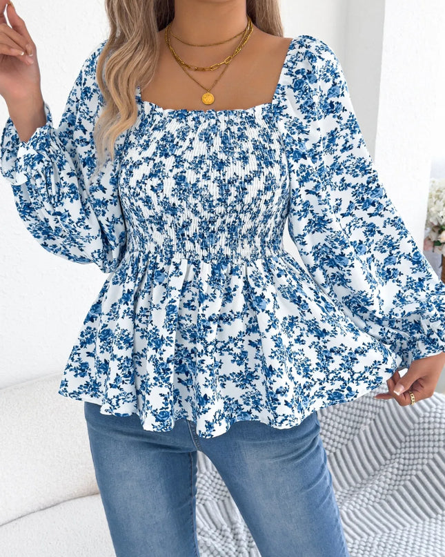 Floral Square Neck Flounce Sleeve Blouse 