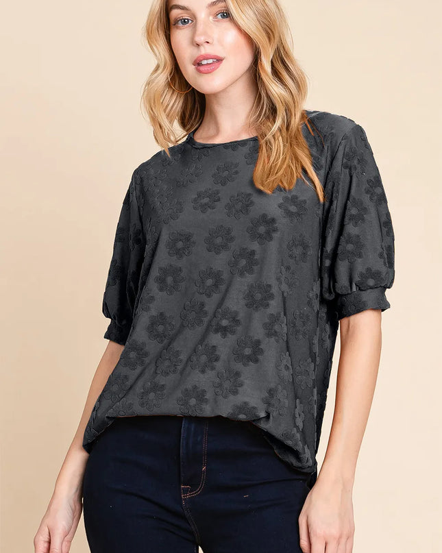 BOMBOM Textured Floral Pattern Top Black