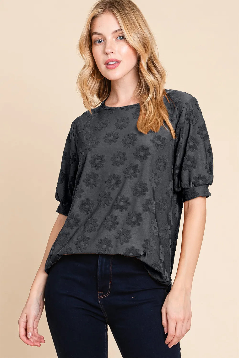 BOMBOM Textured Floral Pattern Top Black