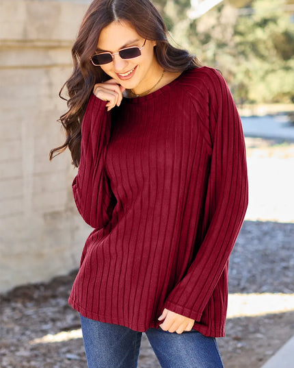 Basic Bae Full Size Ribbed Round Neck Long Sleeve Knit Top Scarlet