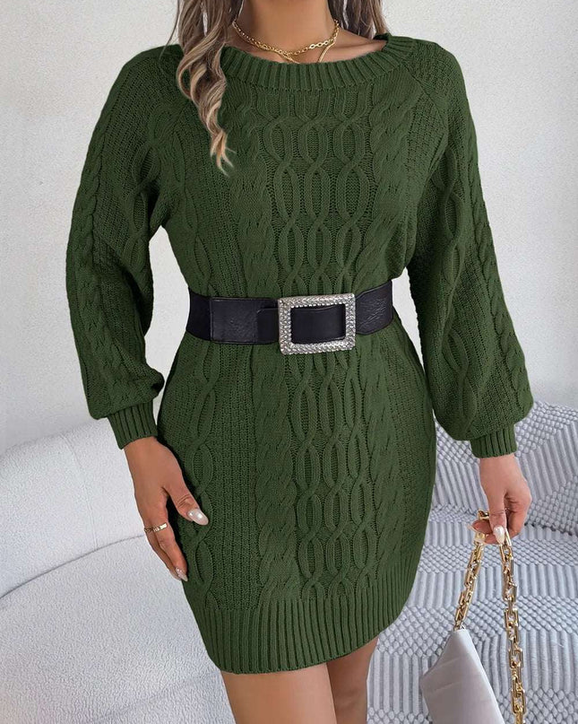 Cable-Knit Round Neck Sweater Dress