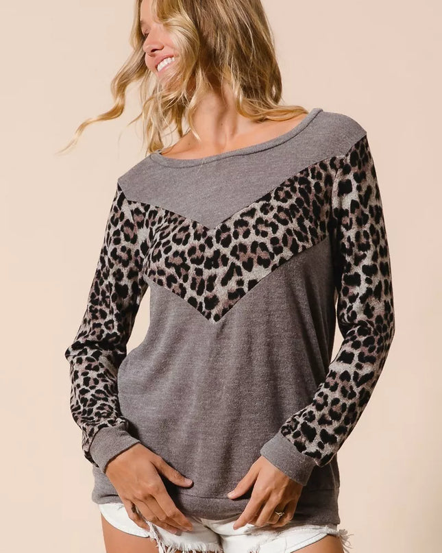 BiBi Sweater Knit Top With Leopard V Shape Block