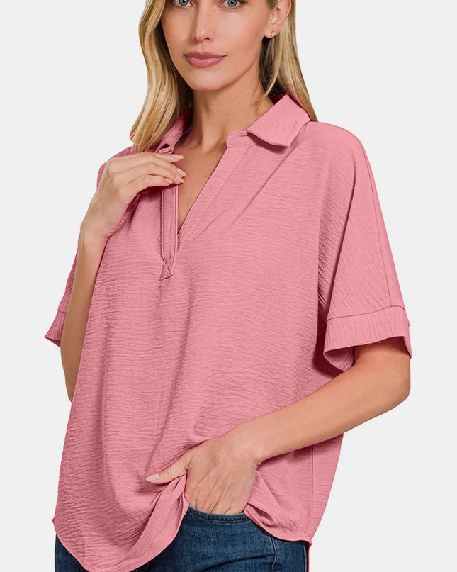 Zenana Texture Collared Neck Short Sleeve Top