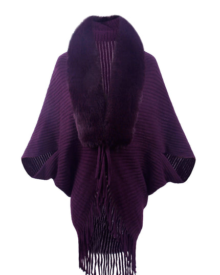 Fringe Detail Long Sleeve Ribbed Poncho Violet One Size