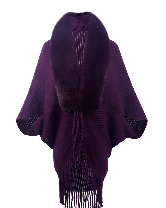 Fringe Detail Long Sleeve Ribbed Poncho Violet One Size