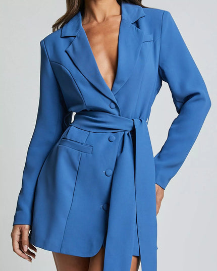Lapel Collar Tie Waist Blazer Royal Blue