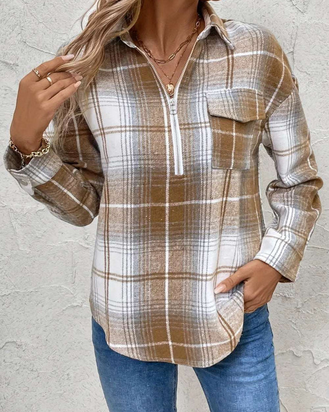 Plaid Collared Neck Half Zip Long Sleeve Top