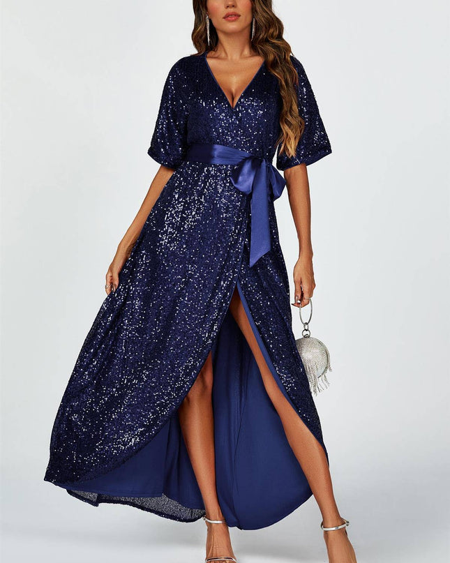 Wrap Style Sequin Maxi Dress in Navy
