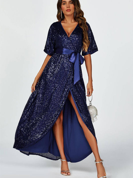 Wrap Style Sequin Maxi Dress in Navy