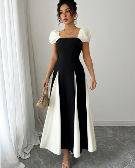 Contrast Puff Sleeve Midi Dress
