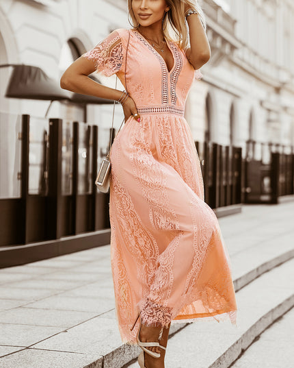 Scalloped Trim Lace Plunge Dress Peach
