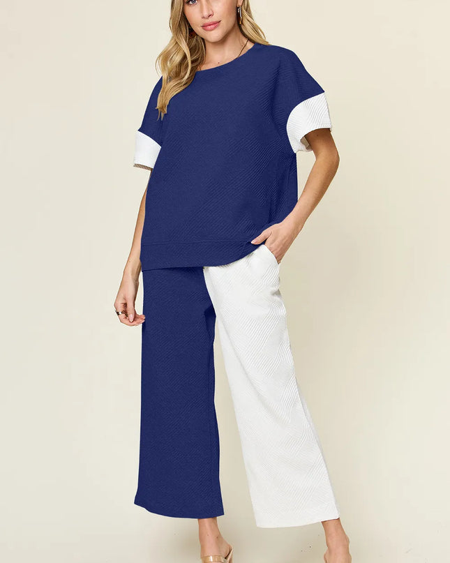 Double Take Full Size Texture Contrast T-Shirt and Wide Leg Pants Set Royal Blue