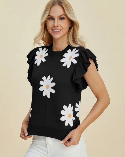 Double Take Full Size Ruffled Flower Round Neck Cap Sleeve Sweater