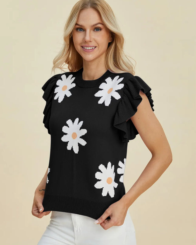 Double Take Full Size Ruffled Flower Round Neck Cap Sleeve Sweater