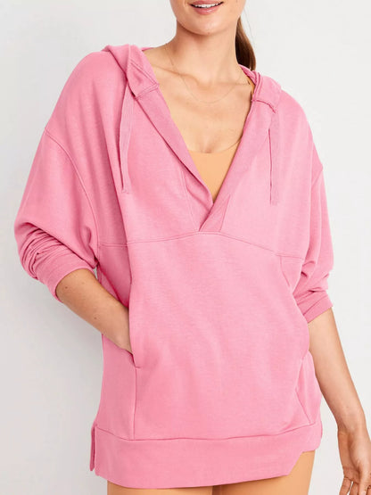 Drawstring Kangaroo Pocket Long Sleeve Hoodie Dusty Pink