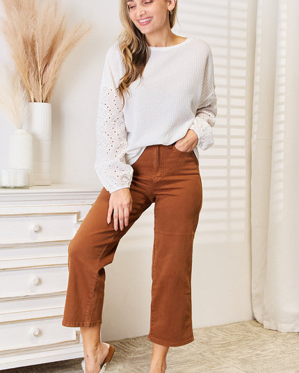 Shiny Eyelet Dropped Shoulder Round Neck Blouse