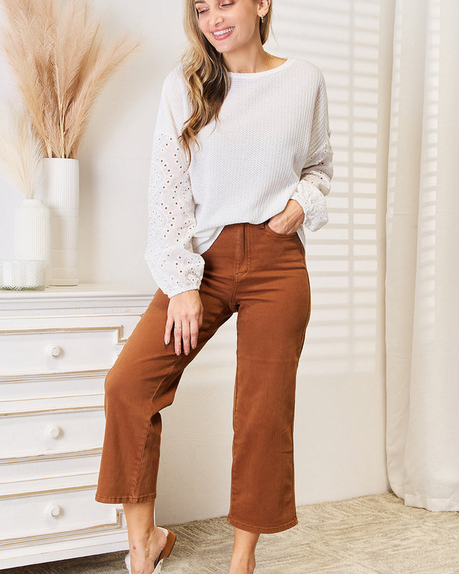 Shiny Eyelet Dropped Shoulder Round Neck Blouse