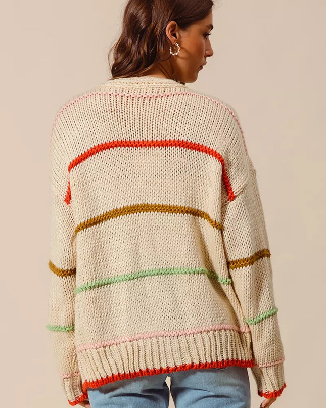 SO ME Loose Fit Multi Stripe Open Front Cardigan