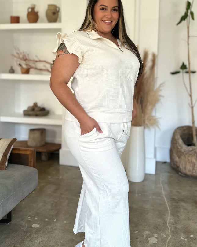 Double Take Full Size Texture Ruffle Short Sleeve Top and Wide Leg Pants Set