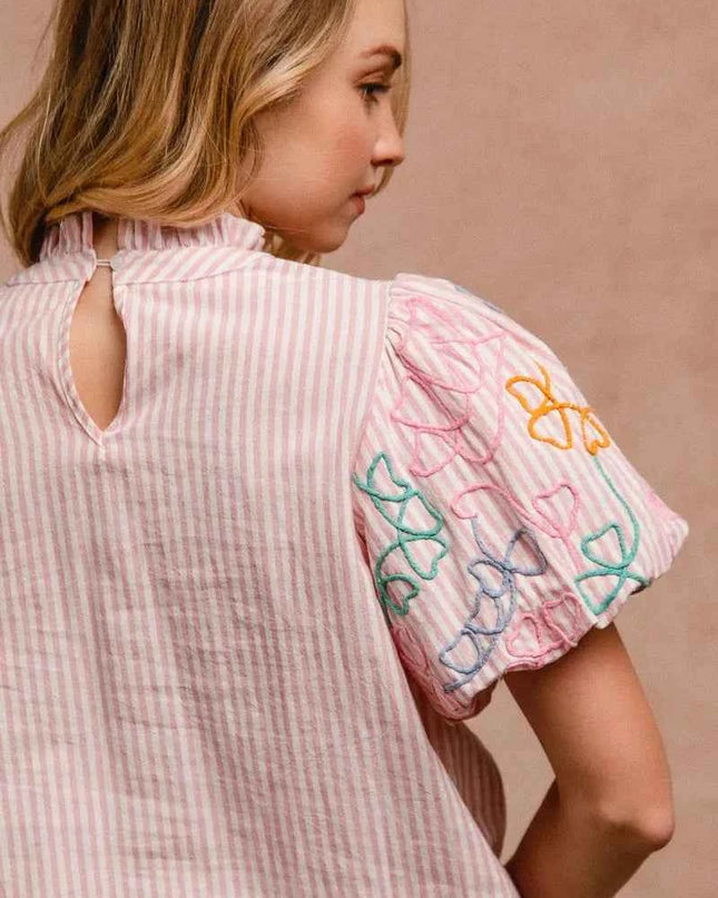 BiBi Embroidery Bubble Sleeve Top With Bottom Scallop Detail