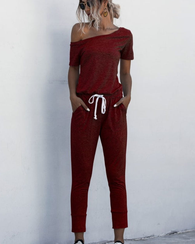 Asymmetrical Neck Tied Jumpsuit with Pockets Wine