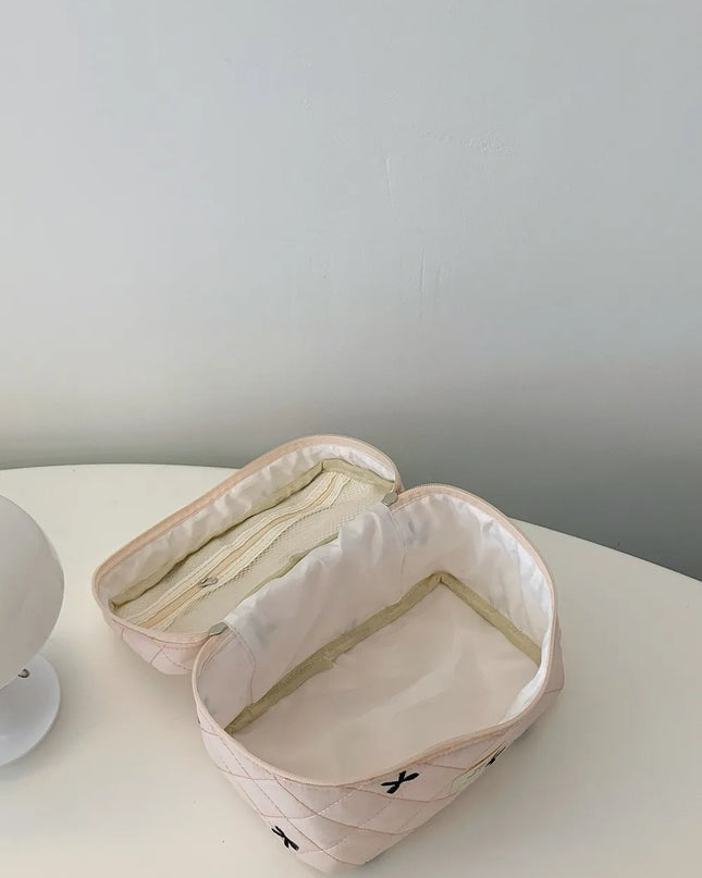 Bow Embroidered Quilted Storage Bag with Zip
