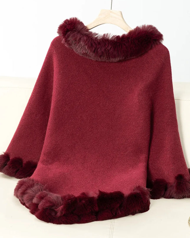 Fuzzy Trim Texture Three-Quarter Sleeve Poncho