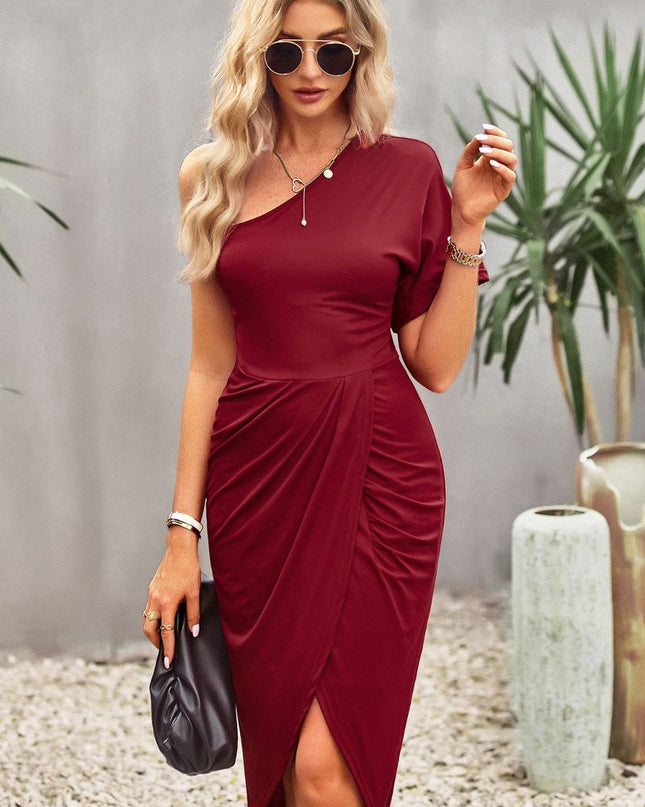 Devine Ruched One-Shoulder Tulip Hem Dress