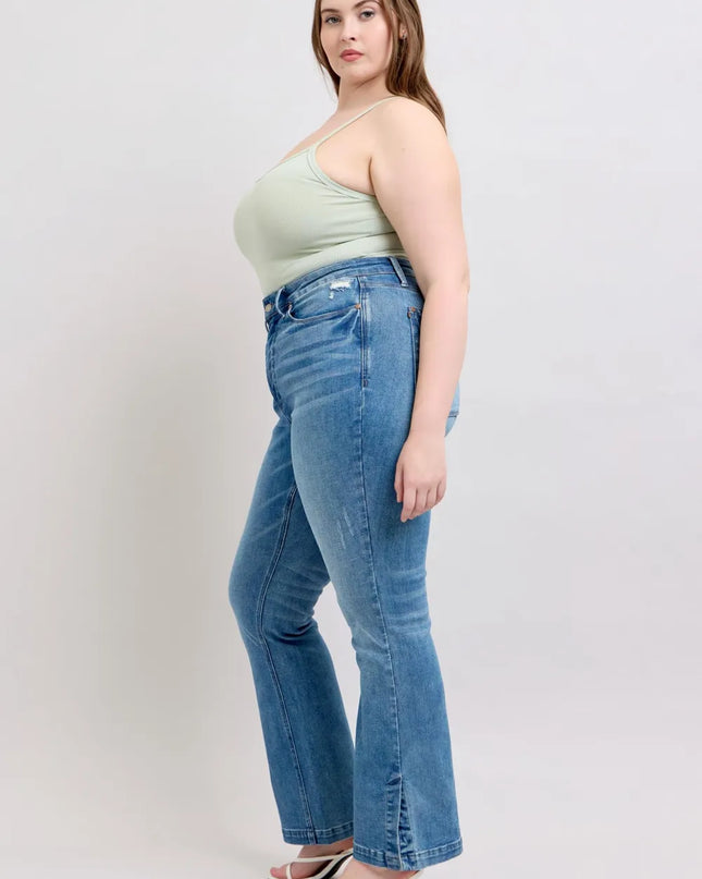 Judy Blue HW Tummy Control Vintage Wash Side Slit Slim Boot Jeans