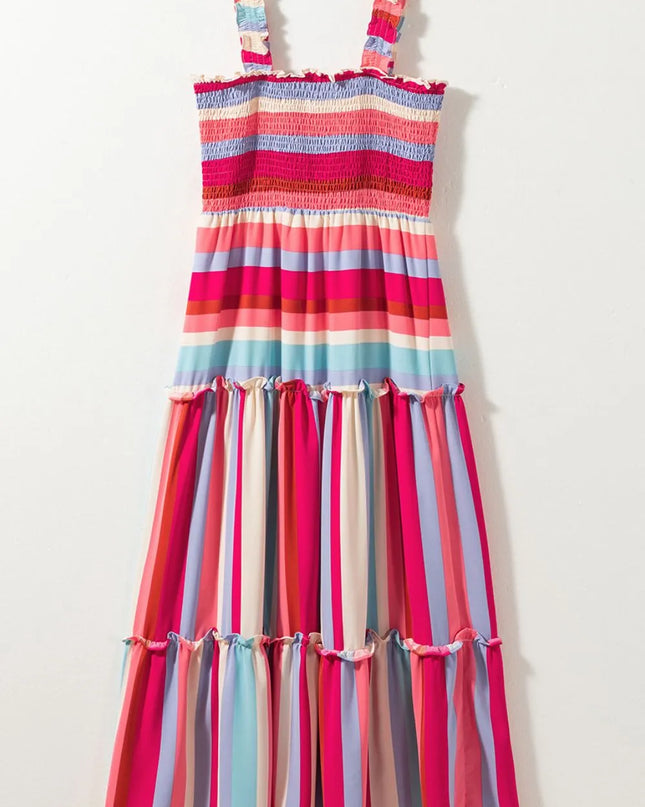 Contrast Stripe Wide Strap Smocked Tiered Dress