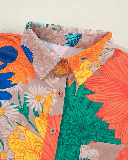 Printed Button Up Long Sleeve Top and Shorts Set