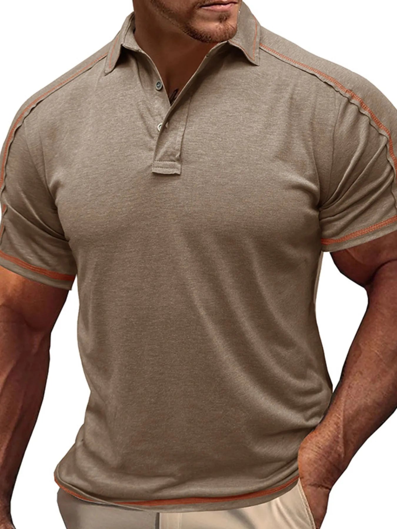 Men's Collared Neck Polo Shirt with Contrast Piping Khaki