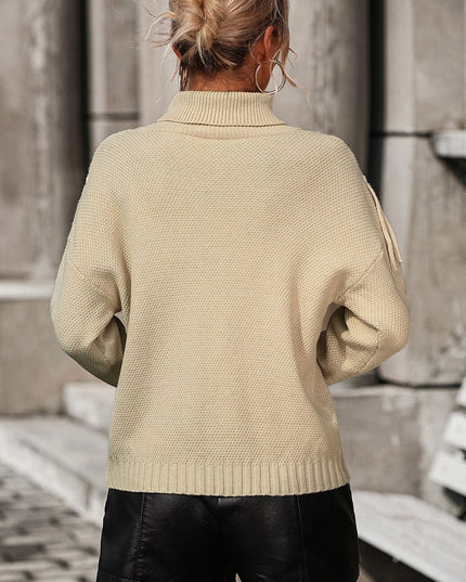 Turtle Neck Tassel Front Long Sleeve Pullover Sweater