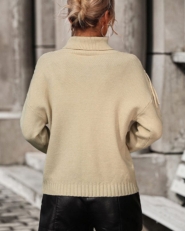Turtle Neck Tassel Front Long Sleeve Pullover Sweater