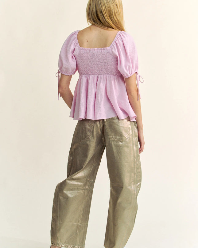 Davi & Dani Solid Elastic Peplum Puffed Sleeves Blouse