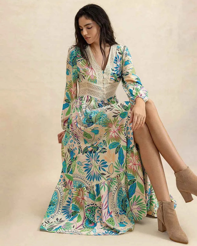 Slit Printed V-Neck Long Sleeve Midi Dress