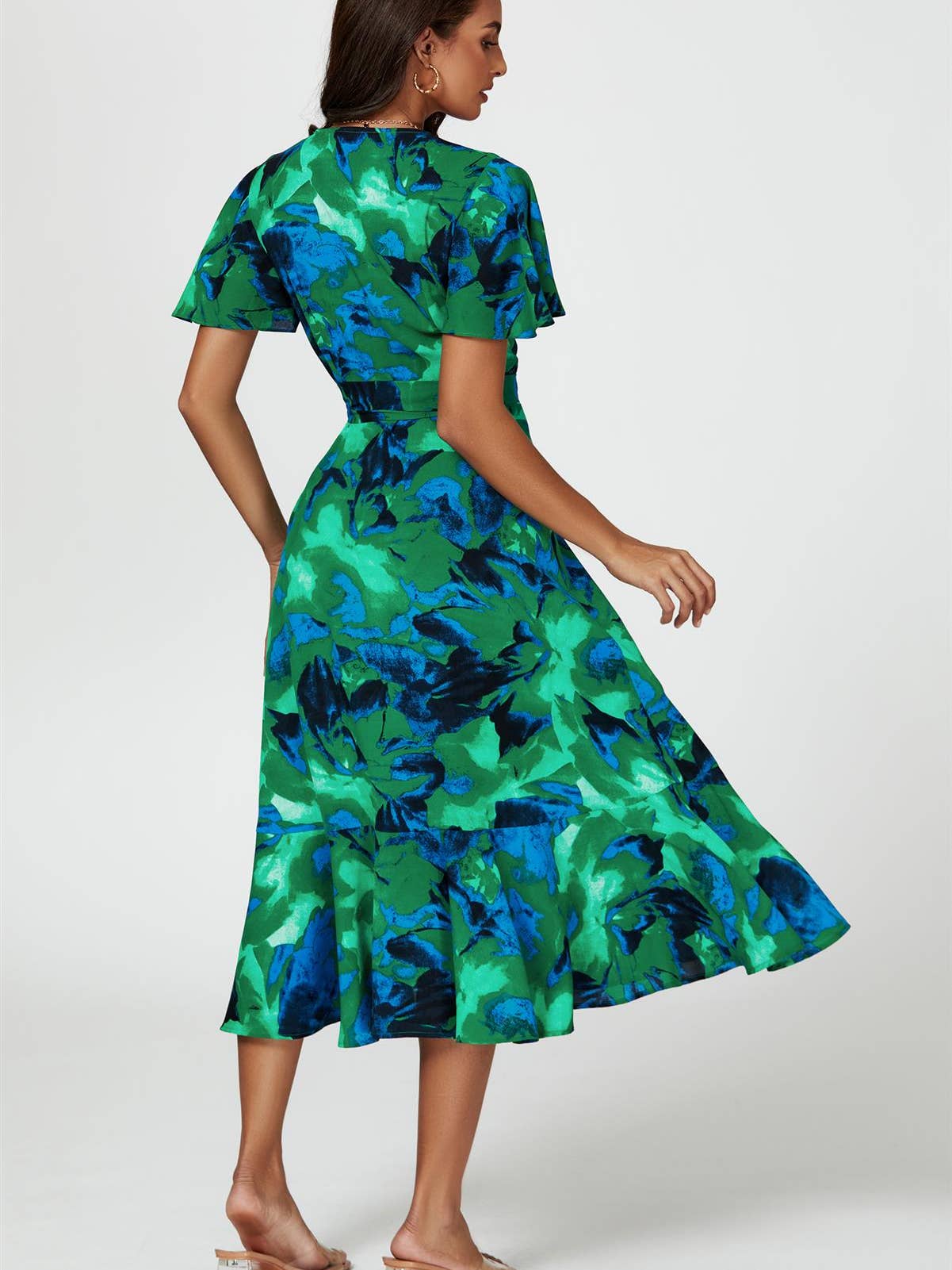 Abstract Print Midi Wrap Dress in Green