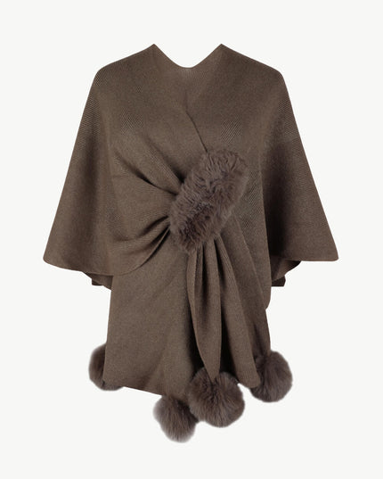 Surplice Neck Pom-Pom Trim Poncho Taupe One Size
