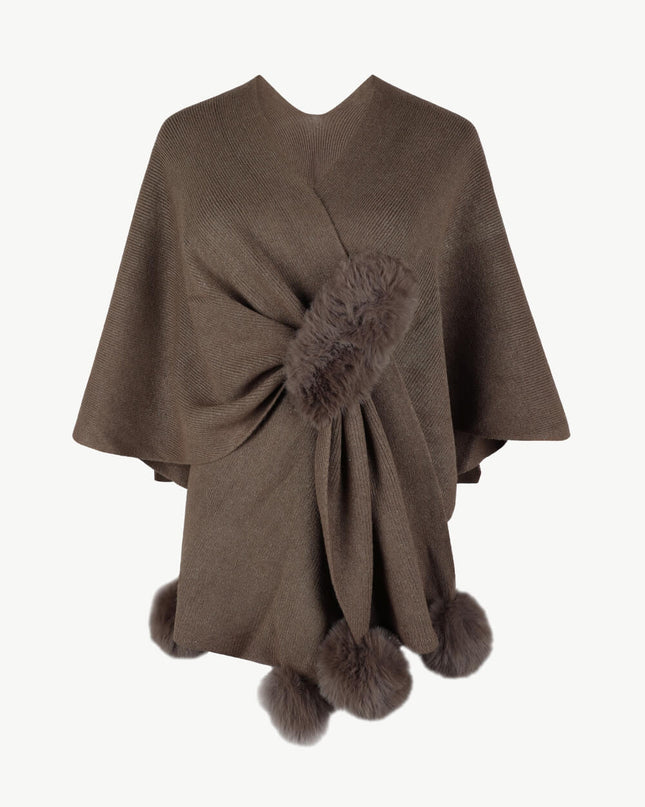 Surplice Neck Pom-Pom Trim Poncho Taupe One Size