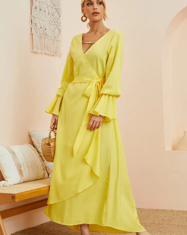 Ruffled Wrap Maxi Dress with Bell Sleeves Yellow
