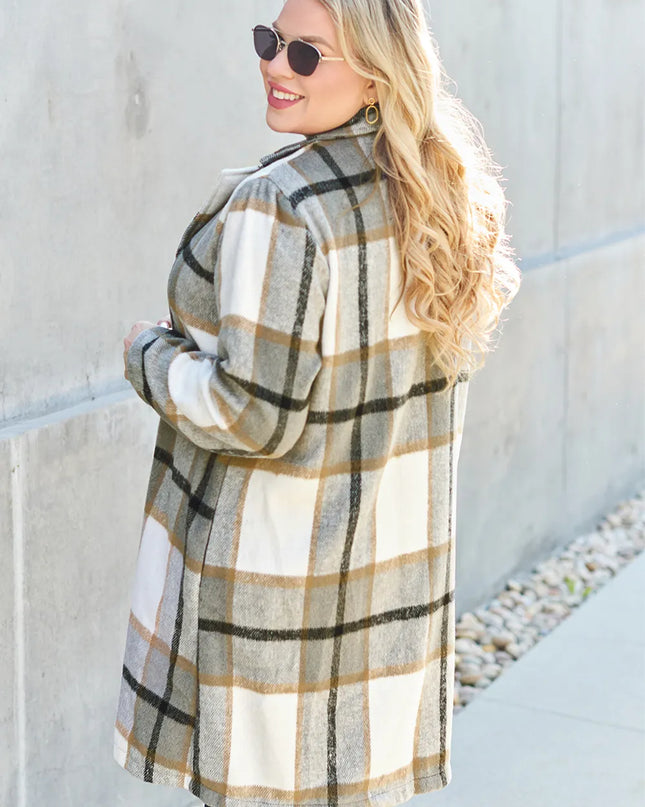 Double Take Full Size Plaid Button Up Lapel Collar Coat