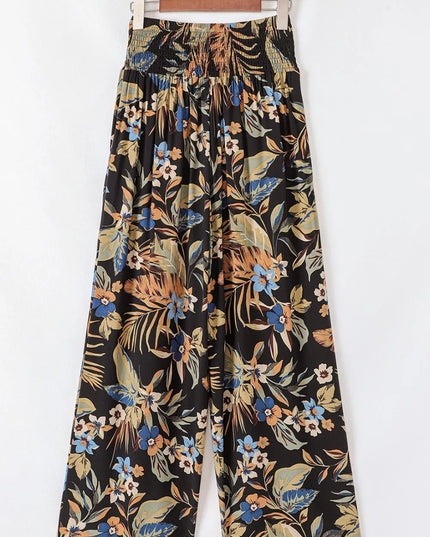 Floral Shirred High Waist Wide Leg Pants with Tie