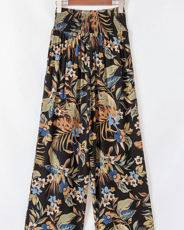 Floral Shirred High Waist Wide Leg Pants with Tie