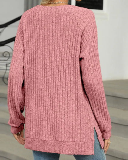 Ribbed Round Neck Long Sleeve T-Shirt